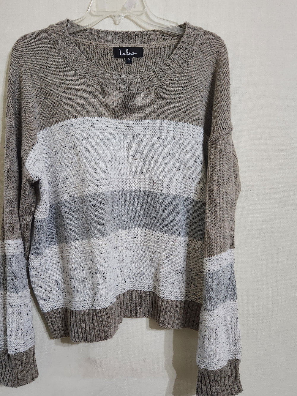 Lulu's Women's Taupe, Gray & White Striped Crewneck Sweater